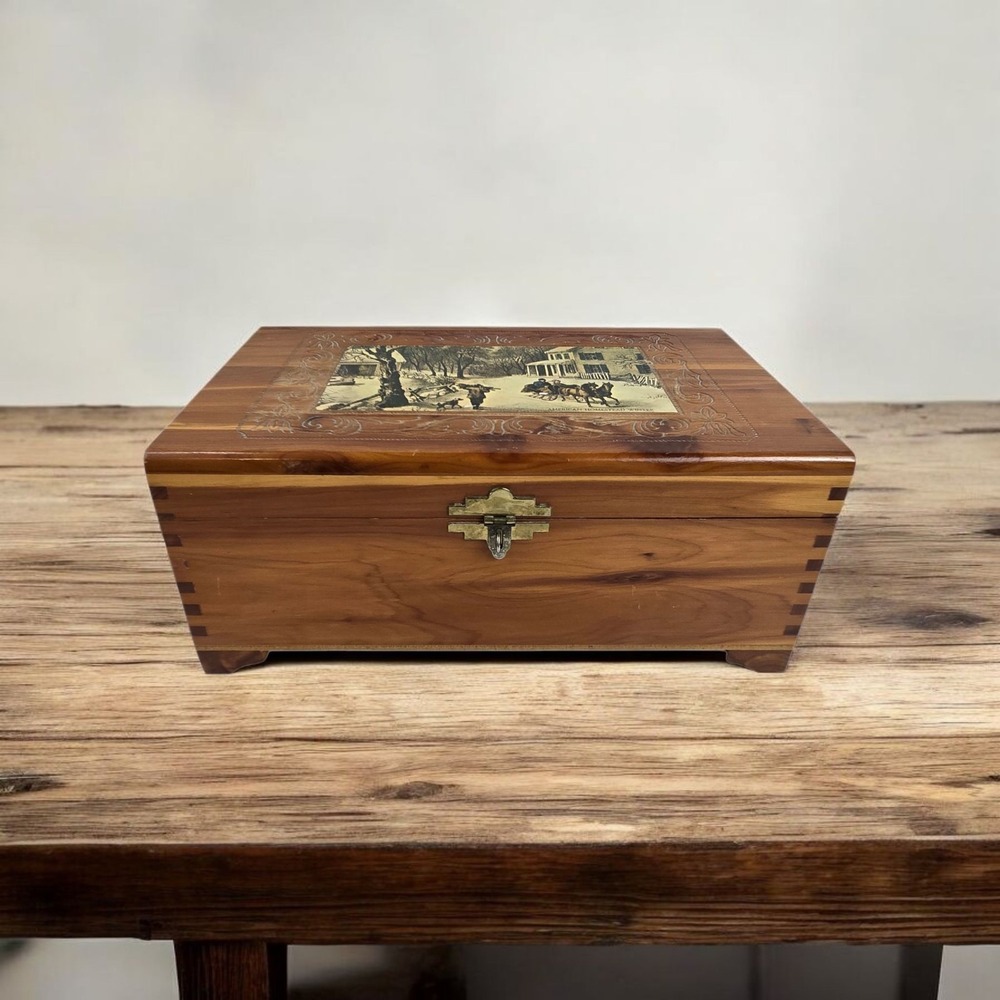 Carved Cedar Wood Jewelry Box Wooden Chest Country Winter Scene VTG 10.5x6x4.5